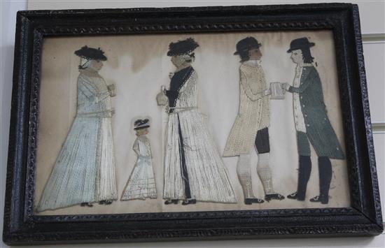 A pair of naive 19th century silk work collage pictures, overall 13 x 9in. incl. frame